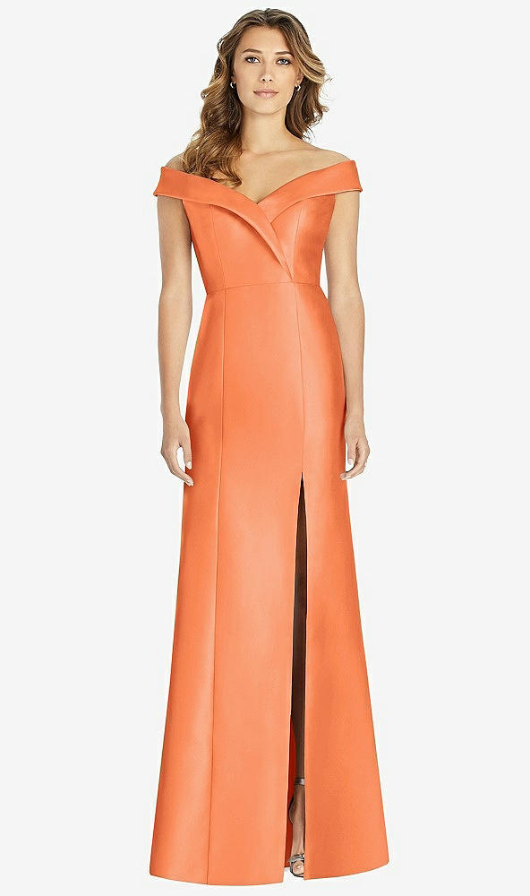 Front View - Portofino Orange Off-the-Shoulder Cuff Trumpet Gown with Front Slit