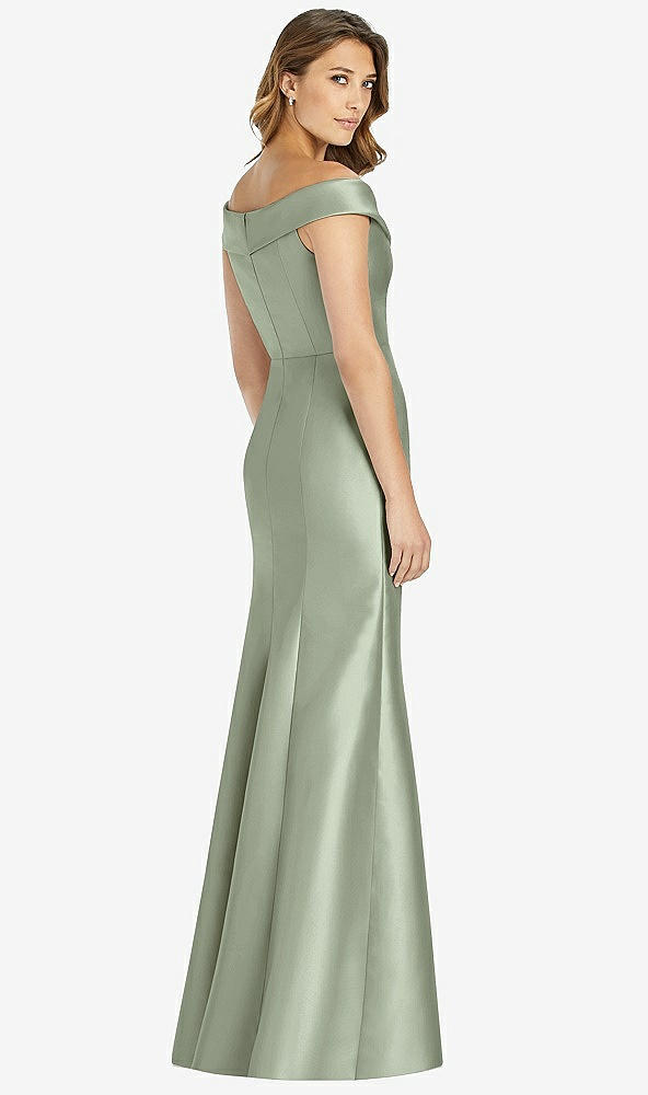 Back View - Sage Off-the-Shoulder Cuff Trumpet Gown with Front Slit