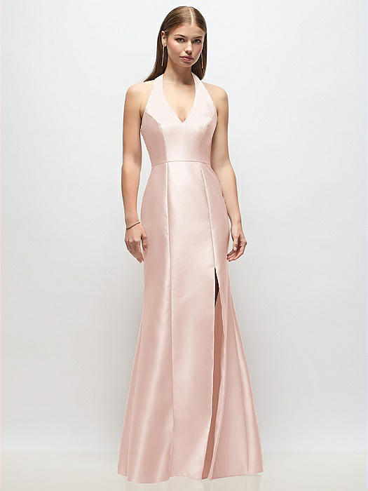 V-Neck Halter Satin Trumpet Gown