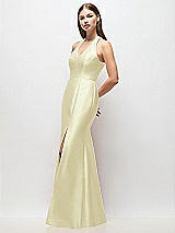 Side View Thumbnail - Butter Yellow V-Neck Halter Satin Trumpet Gown