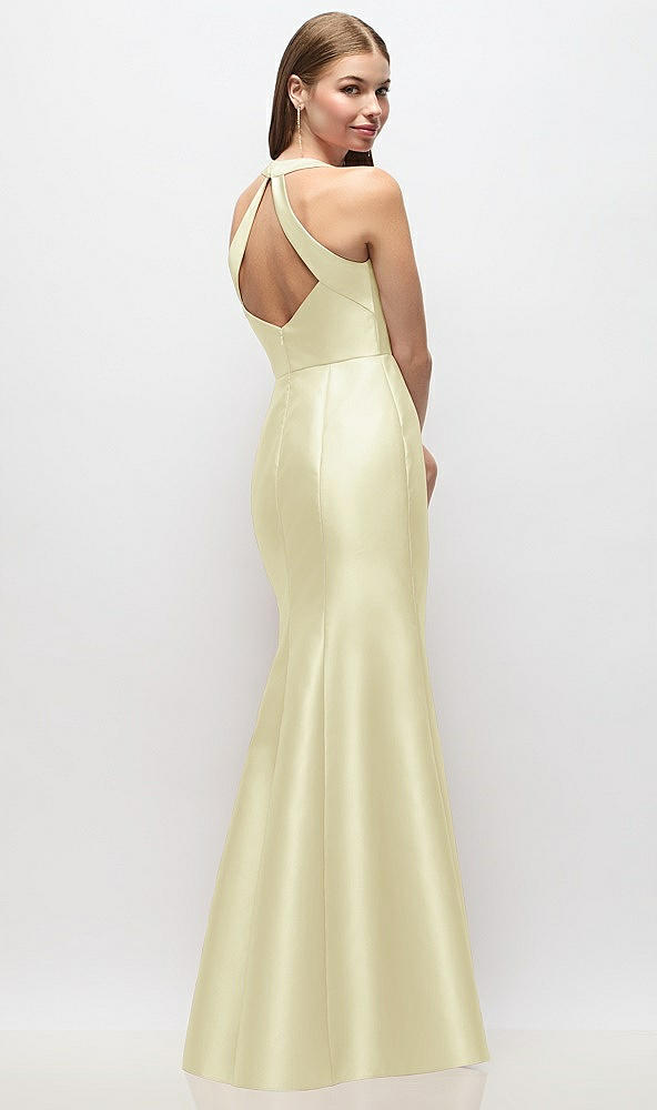 Back View - Butter Yellow V-Neck Halter Satin Trumpet Gown