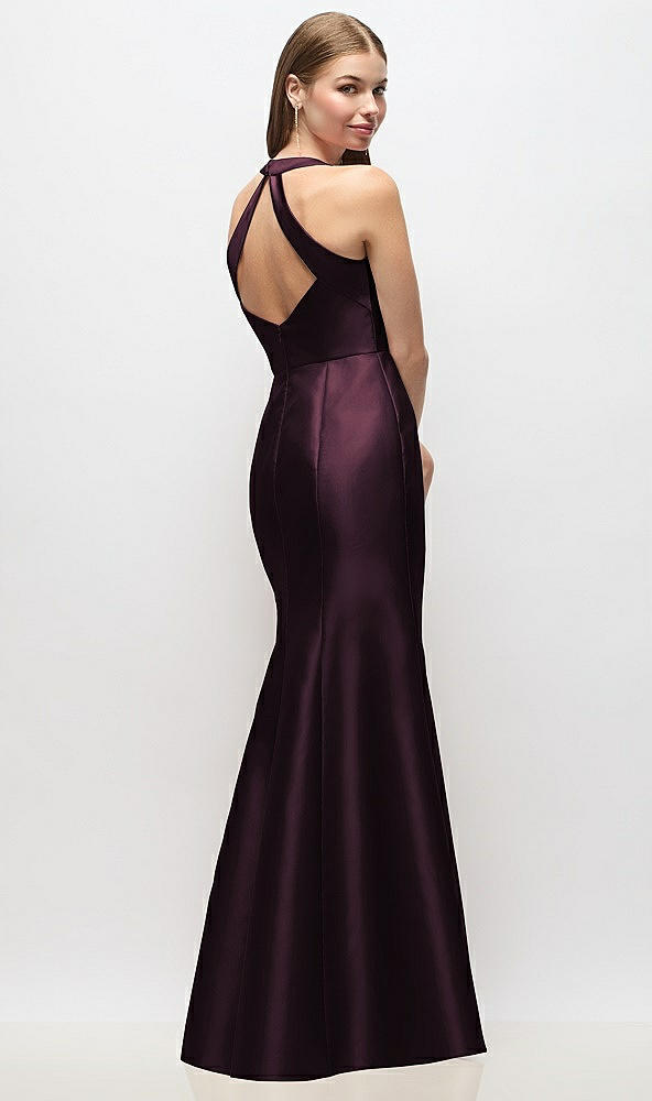 Back View - Deep Plum V-Neck Halter Satin Trumpet Gown
