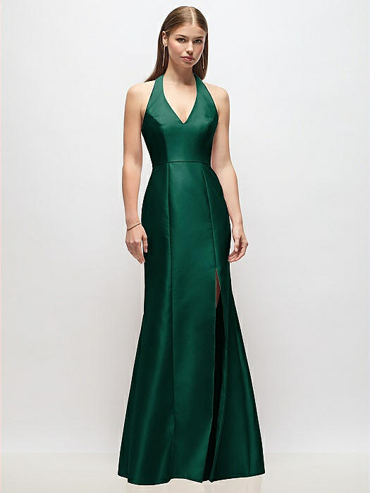 V-Neck Halter Satin Trumpet Gown