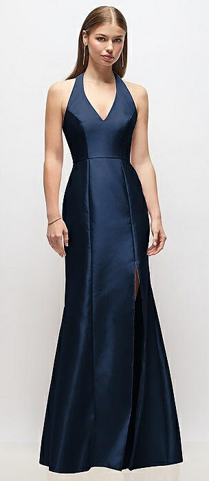 V-Neck Halter Satin Trumpet Gown