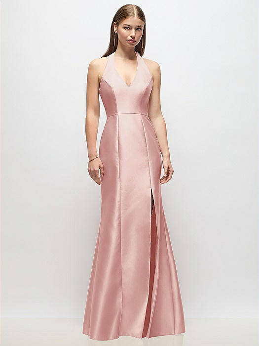 V-Neck Halter Satin Trumpet Gown