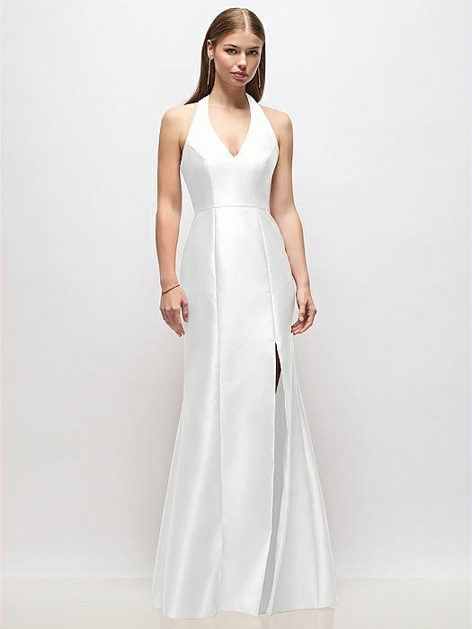 V-Neck Halter Satin Trumpet Gown