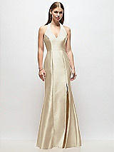 Front View Thumbnail - Champagne V-Neck Halter Satin Trumpet Gown