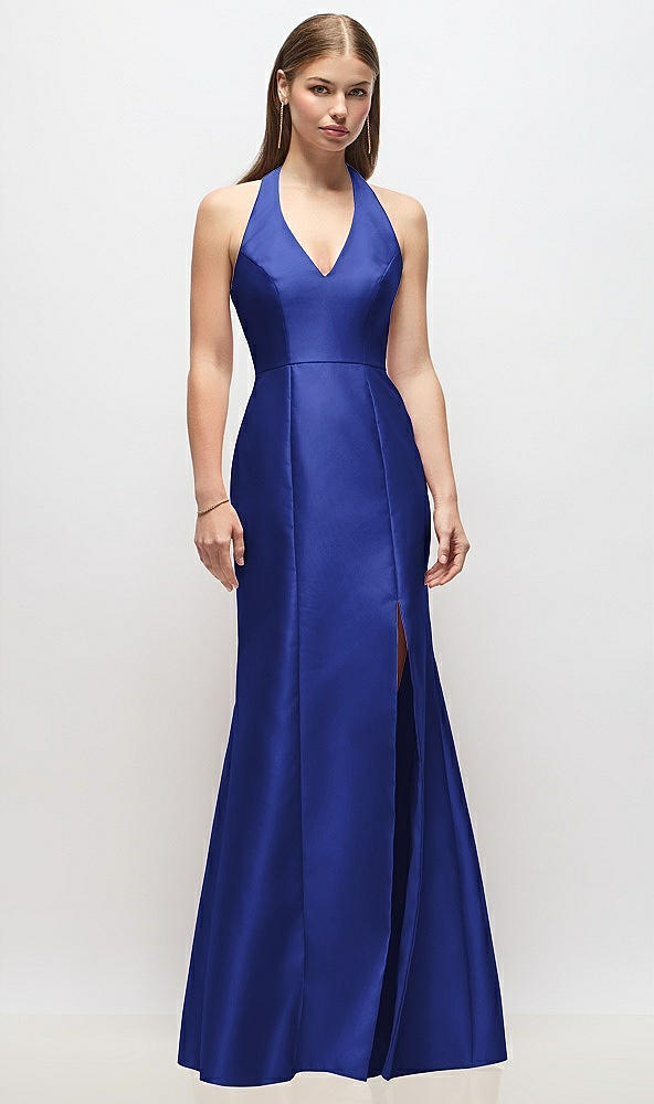 Front View - Cobalt Blue V-Neck Halter Satin Trumpet Gown