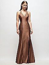 Front View Thumbnail - Cognac V-Neck Halter Satin Trumpet Gown