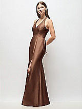 Side View Thumbnail - Cognac V-Neck Halter Satin Trumpet Gown