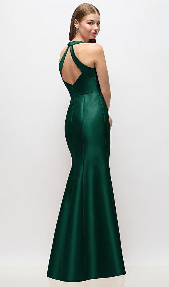 Back View - Hunter Green V-Neck Halter Satin Trumpet Gown
