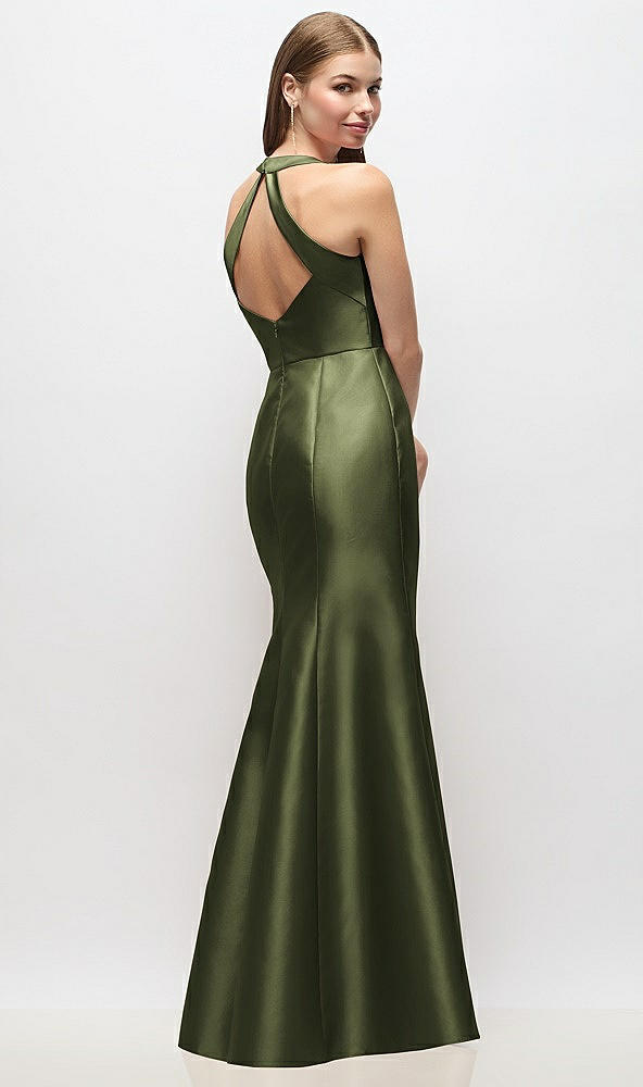 Back View - Olive Green V-Neck Halter Satin Trumpet Gown