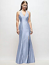 Front View Thumbnail - Sky Blue V-Neck Halter Satin Trumpet Gown