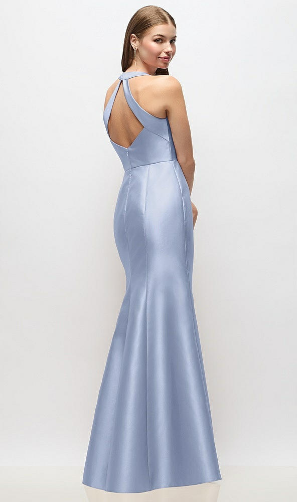 Back View - Sky Blue V-Neck Halter Satin Trumpet Gown