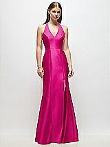 Front View Thumbnail - Think Pink V-Neck Halter Satin Trumpet Gown