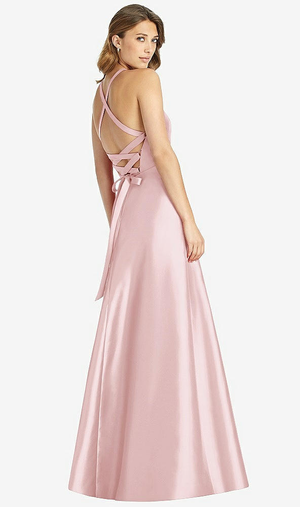 Back View - Ballet Pink Halter Lace-Up A-Line Maxi Dress