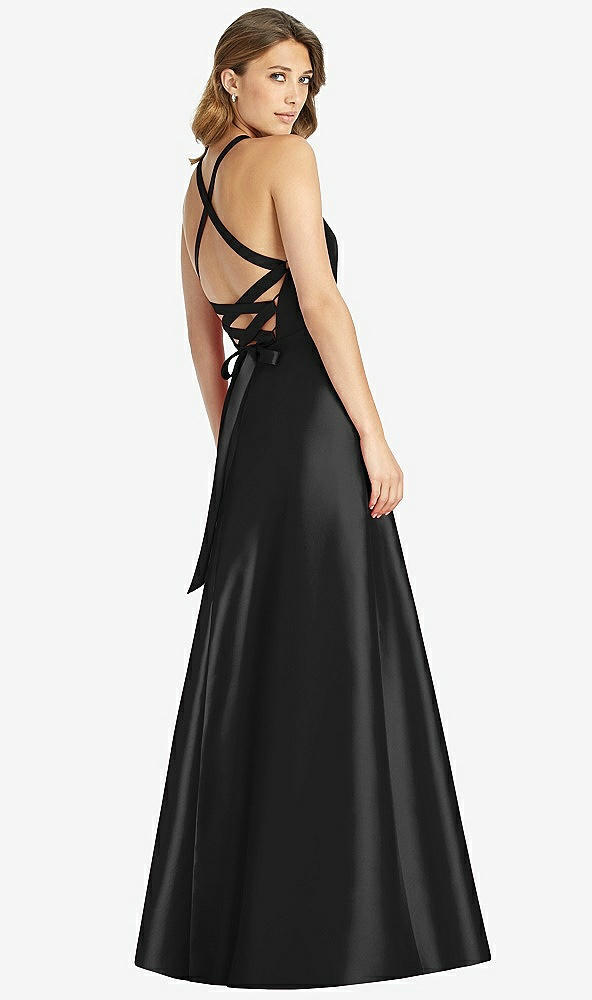 Back View - Black Halter Lace-Up A-Line Maxi Dress