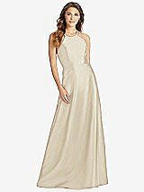 Front View Thumbnail - Champagne Halter Lace-Up A-Line Maxi Dress
