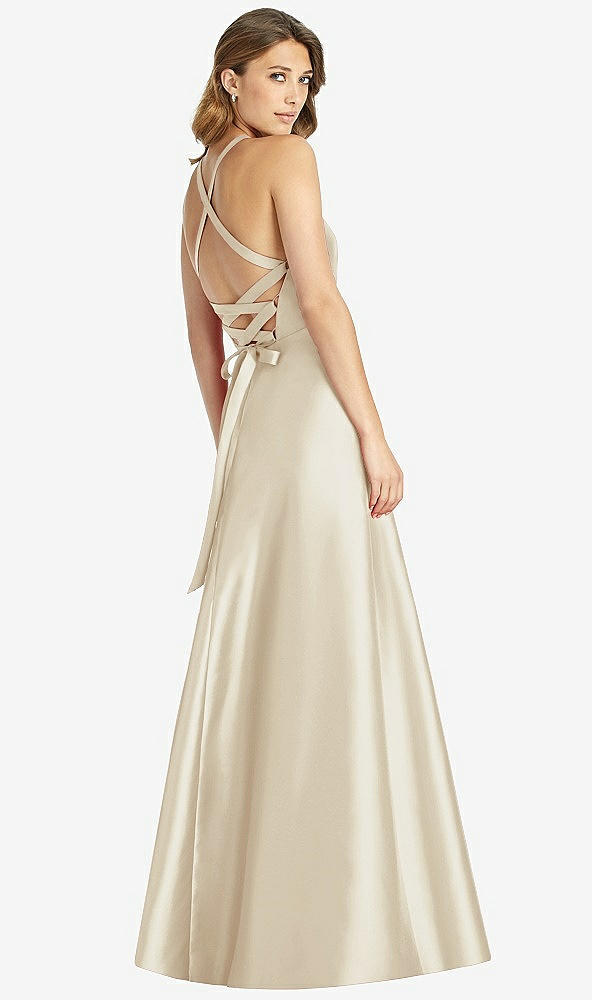 Back View - Champagne Halter Lace-Up A-Line Maxi Dress