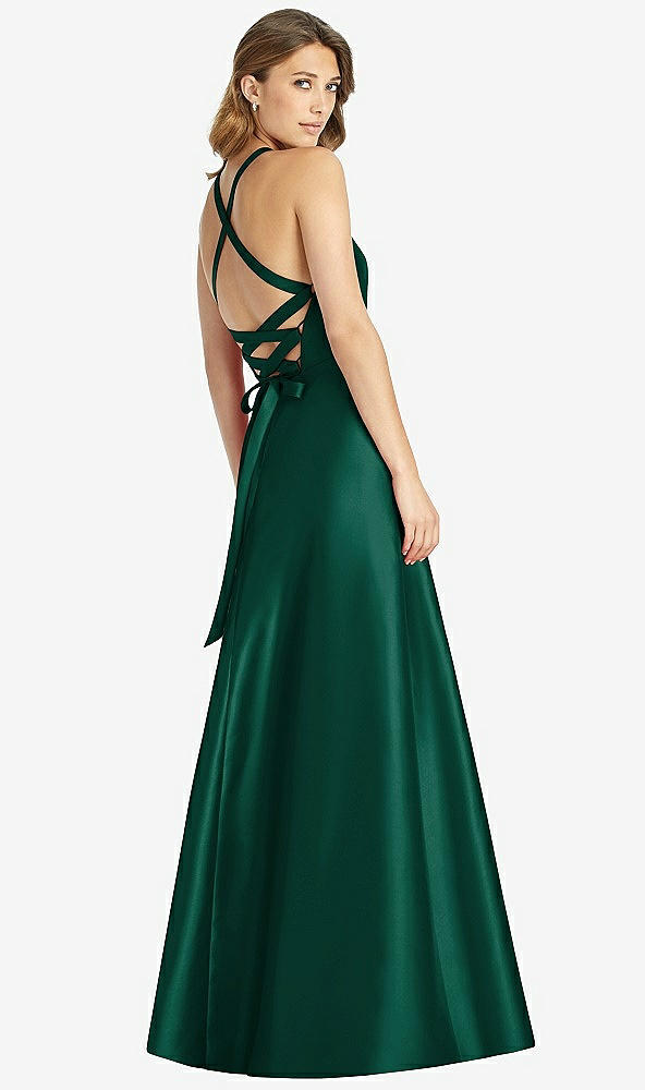 Back View - Hunter Green Halter Lace-Up A-Line Maxi Dress