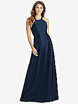 Front View Thumbnail - Midnight Navy Halter Lace-Up A-Line Maxi Dress