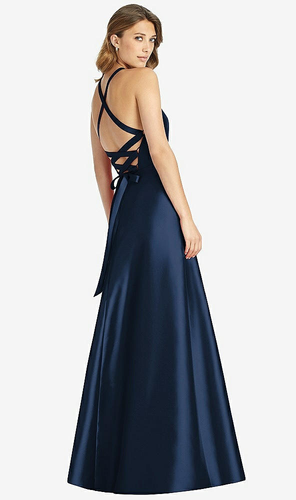 Back View - Midnight Navy Halter Lace-Up A-Line Maxi Dress