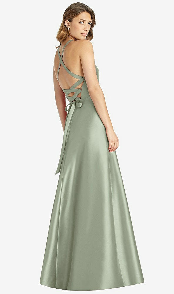 Back View - Sage Halter Lace-Up A-Line Maxi Dress