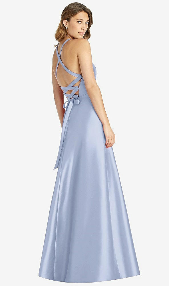 Back View - Sky Blue Halter Lace-Up A-Line Maxi Dress