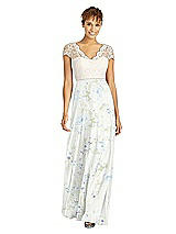 Front View Thumbnail - Bleu Garden & Ivory Cap Sleeve Illusion-Back Lace and Chiffon Dress
