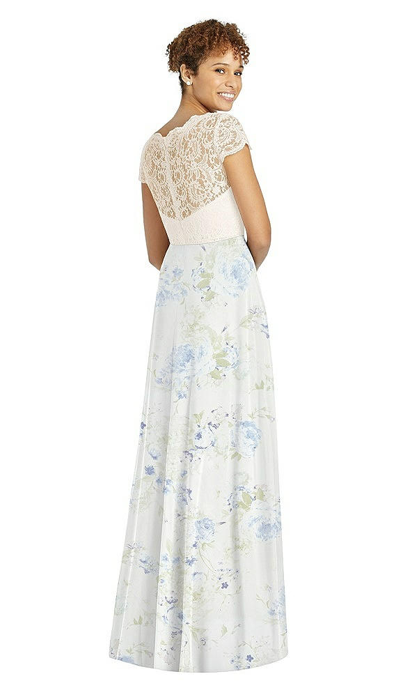 Back View - Bleu Garden & Ivory Cap Sleeve Illusion-Back Lace and Chiffon Dress