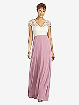 Front View Thumbnail - Dusty Pink & Ivory Cap Sleeve Illusion-Back Lace and Chiffon Dress