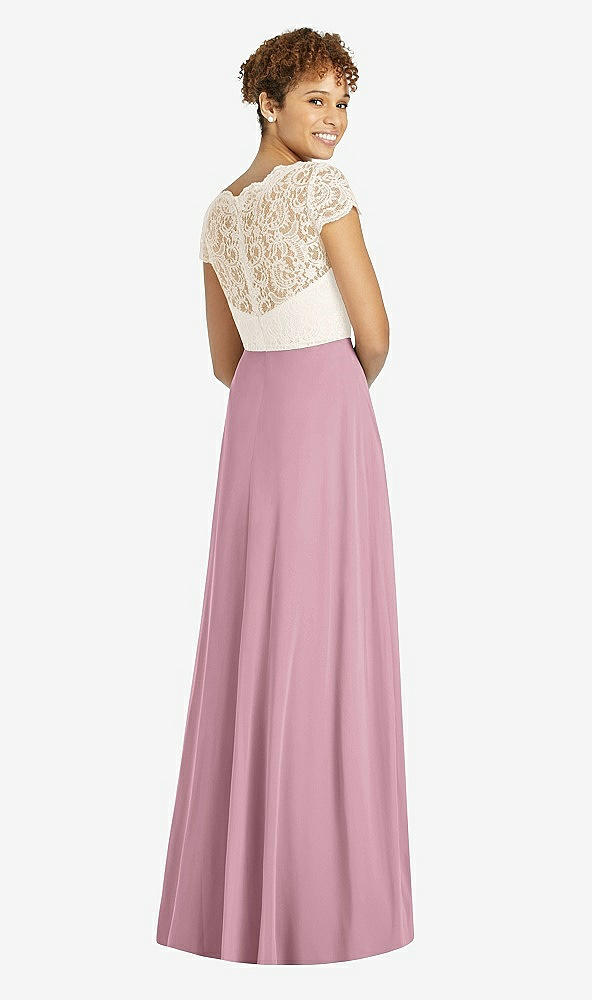 Back View - Dusty Pink & Ivory Cap Sleeve Illusion-Back Lace and Chiffon Dress