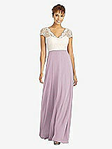 Front View Thumbnail - Suede Rose & Ivory Cap Sleeve Illusion-Back Lace and Chiffon Dress