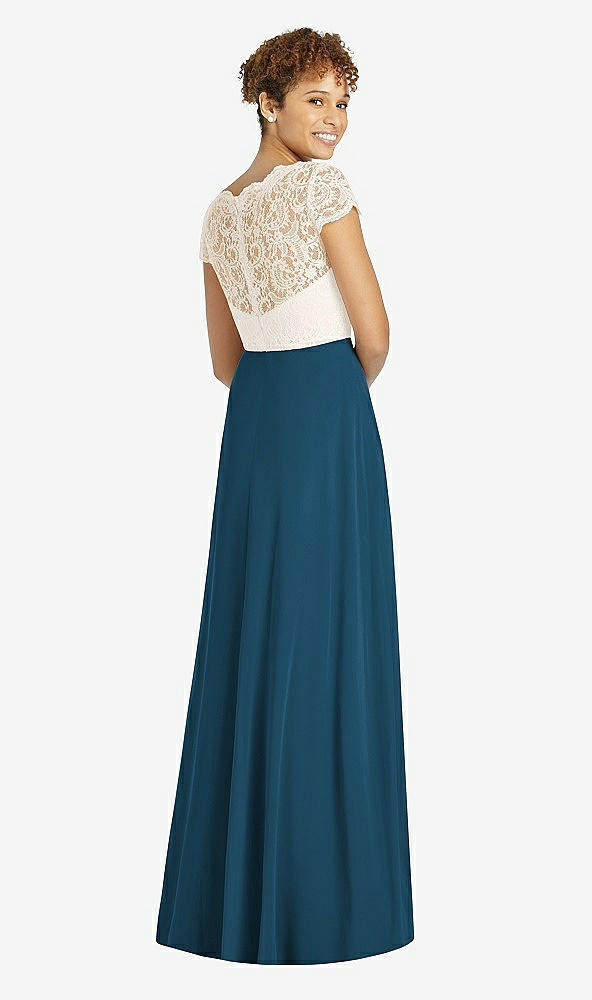 Back View - Atlantic Blue & Ivory Cap Sleeve Illusion-Back Lace and Chiffon Dress
