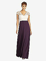 Front View Thumbnail - Aubergine & Ivory Cap Sleeve Illusion-Back Lace and Chiffon Dress