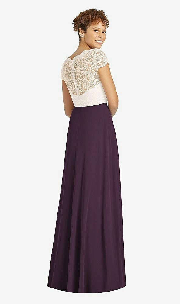 Back View - Aubergine & Ivory Cap Sleeve Illusion-Back Lace and Chiffon Dress