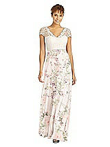 Front View Thumbnail - Blush Garden & Ivory Cap Sleeve Illusion-Back Lace and Chiffon Dress
