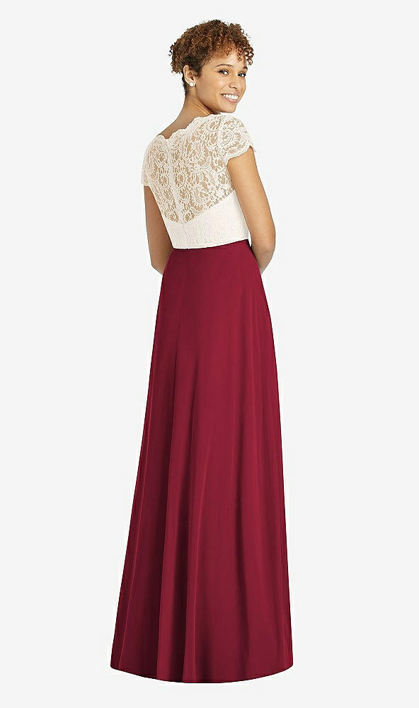 Back View - Burgundy & Ivory Cap Sleeve Illusion-Back Lace and Chiffon Dress