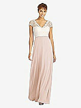 Front View Thumbnail - Cameo & Ivory Cap Sleeve Illusion-Back Lace and Chiffon Dress
