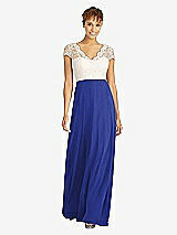 Front View Thumbnail - Cobalt Blue & Ivory Cap Sleeve Illusion-Back Lace and Chiffon Dress