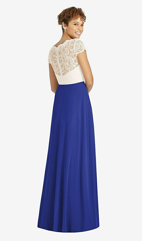 Back View - Cobalt Blue & Ivory Cap Sleeve Illusion-Back Lace and Chiffon Dress