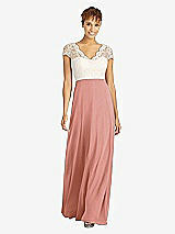 Front View Thumbnail - Desert Rose & Ivory Cap Sleeve Illusion-Back Lace and Chiffon Dress