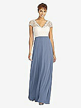 Front View Thumbnail - Larkspur Blue & Ivory Cap Sleeve Illusion-Back Lace and Chiffon Dress
