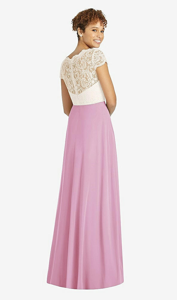 Back View - Powder Pink & Ivory Cap Sleeve Illusion-Back Lace and Chiffon Dress