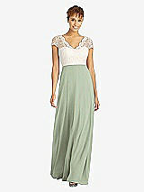 Front View Thumbnail - Sage & Ivory Cap Sleeve Illusion-Back Lace and Chiffon Dress