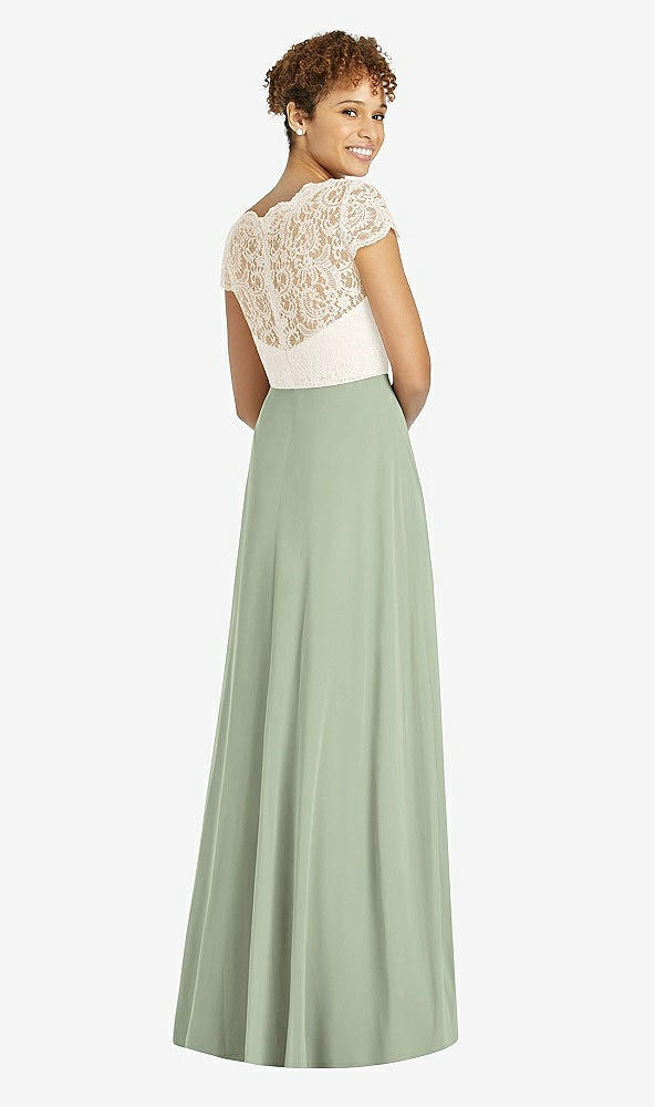 Back View - Sage & Ivory Cap Sleeve Illusion-Back Lace and Chiffon Dress