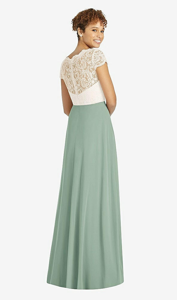 Back View - Seagrass & Ivory Cap Sleeve Illusion-Back Lace and Chiffon Dress