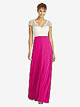 Front View Thumbnail - Think Pink & Ivory Cap Sleeve Illusion-Back Lace and Chiffon Dress