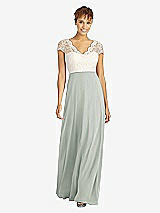 Front View Thumbnail - Willow Green & Ivory Cap Sleeve Illusion-Back Lace and Chiffon Dress