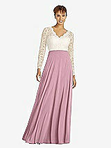 Front View Thumbnail - Dusty Pink & Ivory Long Sleeve Illusion-Back Lace and Chiffon Dress